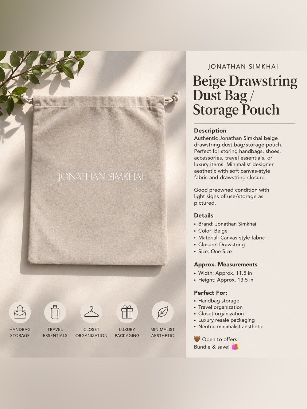 Jonathan Simkhai Beige Drawstring Dust Bag Storage Pouch